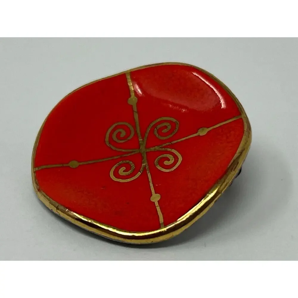 Vintage Milvern Co. Brooch – Hand-Painted Red & Gold Scroll Design, Mid-Century